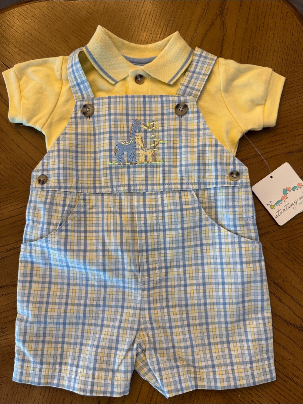 Starting Out Yellow Polo with Blue & White Plaid Overalls